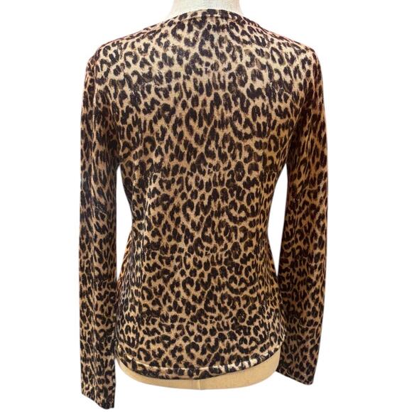 Women’s PM Petite Medium Lord & Taylor Leopard Extra Fine Merino Wool Cardigan - Picture 5 of 6